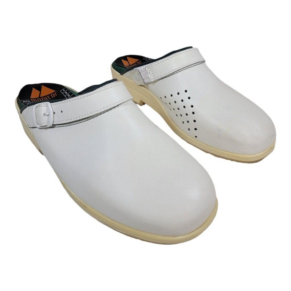 Women Bastad Original White  Perforated Leather Wooden Clogs Mules sz 41 : 10.5
